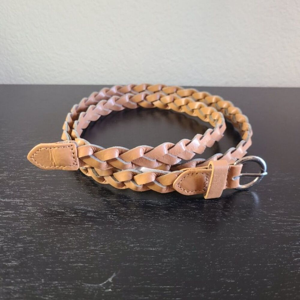 Braided Faux Leather Belt Brown Size 8 Woven Adjustable Silver Buckle Boho